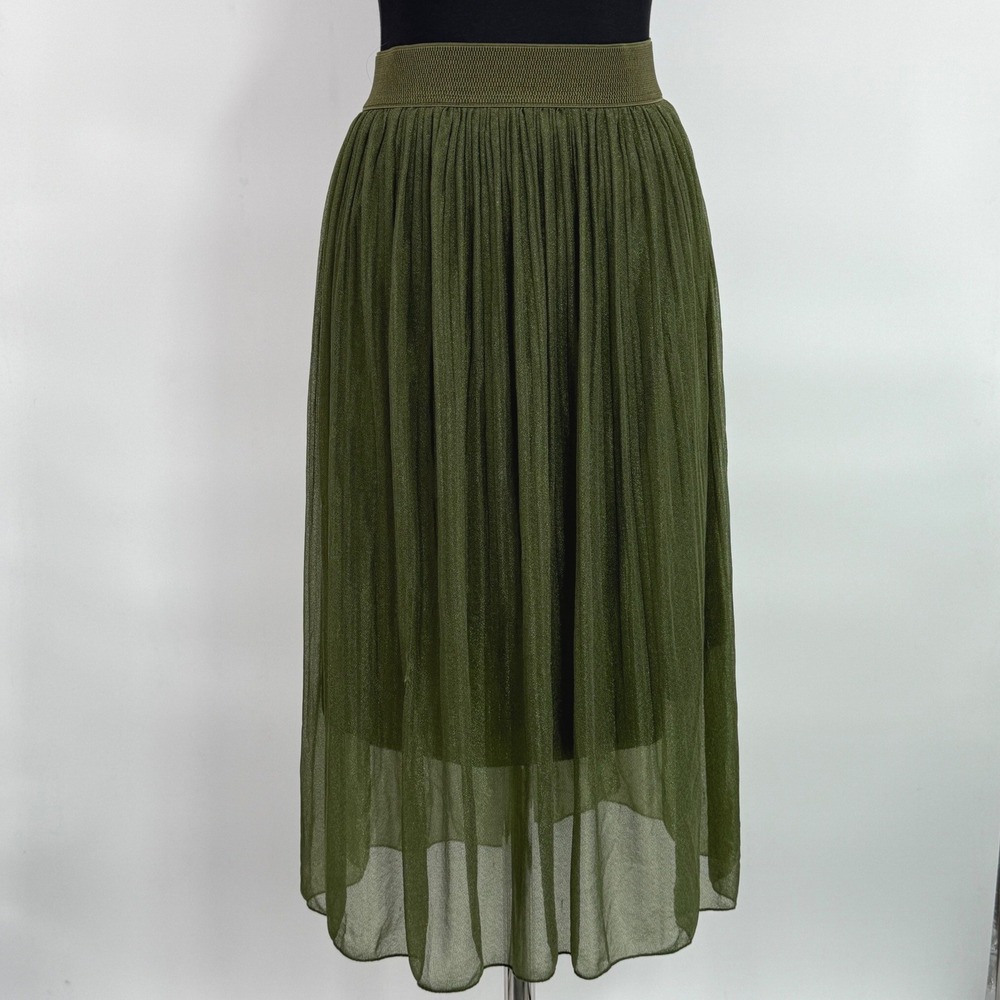 Metrowear Olive Green Metallic Pleated Midi Skirt Women's Size Petite Small